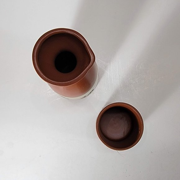 Sake Set Decanter and Shot Glass Brown with Calligraphy Pre Owned Rice Wine - Picture 3 of 4